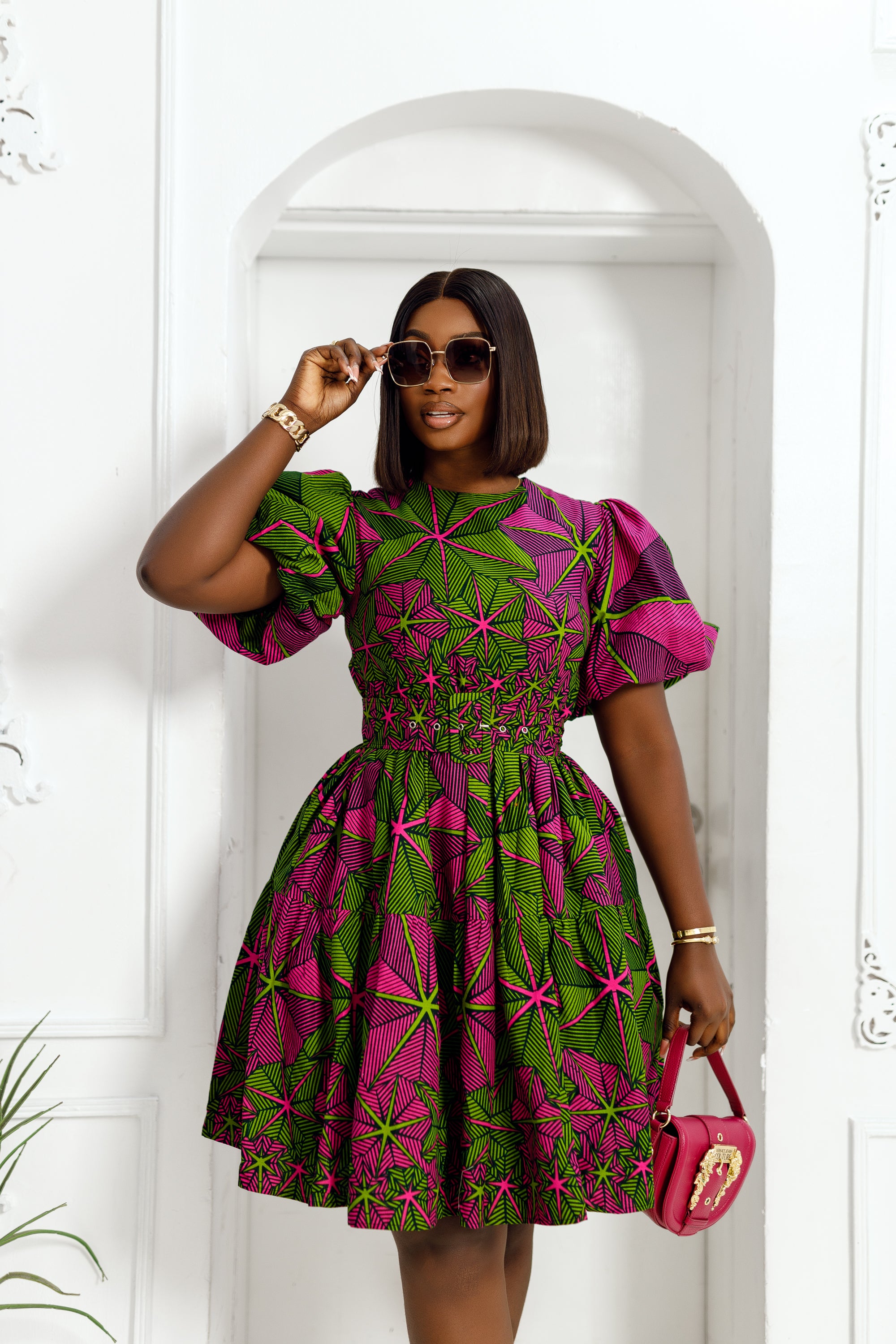 BUNMI AFRICAN PRINT PUFF SLEEVE MIDI DRESS MAE OTTI