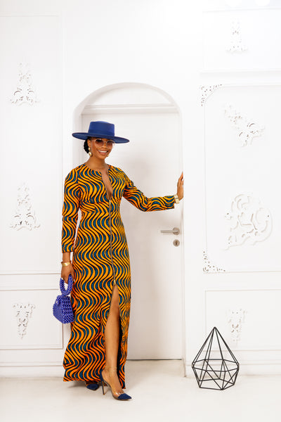 FARIDA AFRICAN PRINT LONG SLEEVE FRONT ZIP MAXI DRESS [ORANGE]