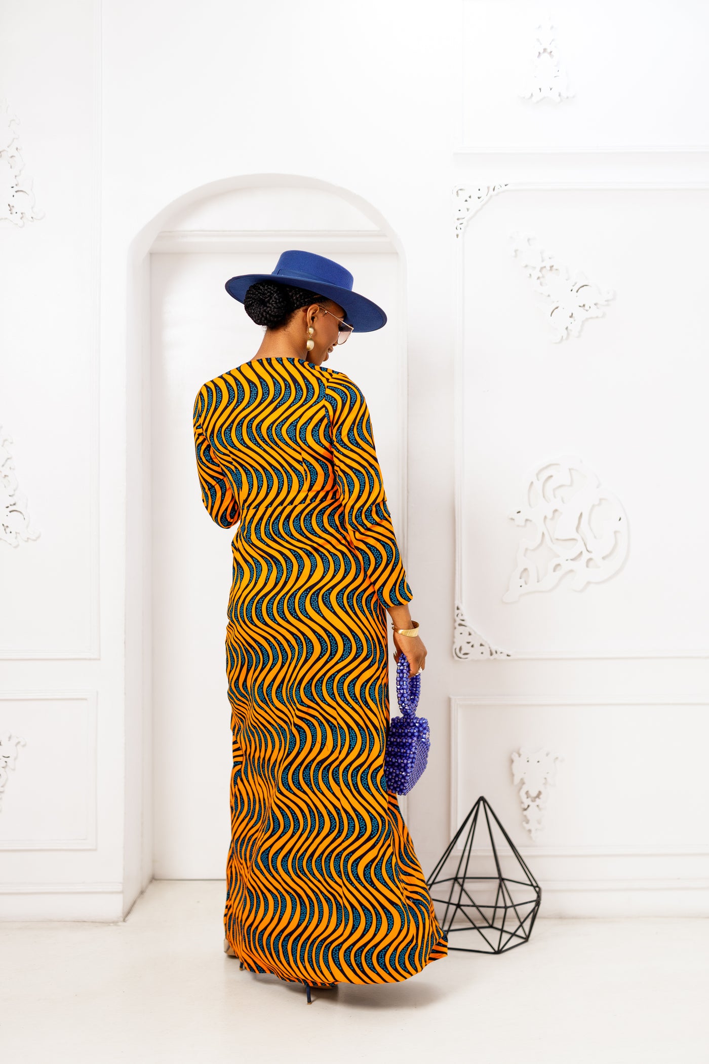 FARIDA AFRICAN PRINT LONG SLEEVE FRONT ZIP MAXI DRESS [ORANGE]