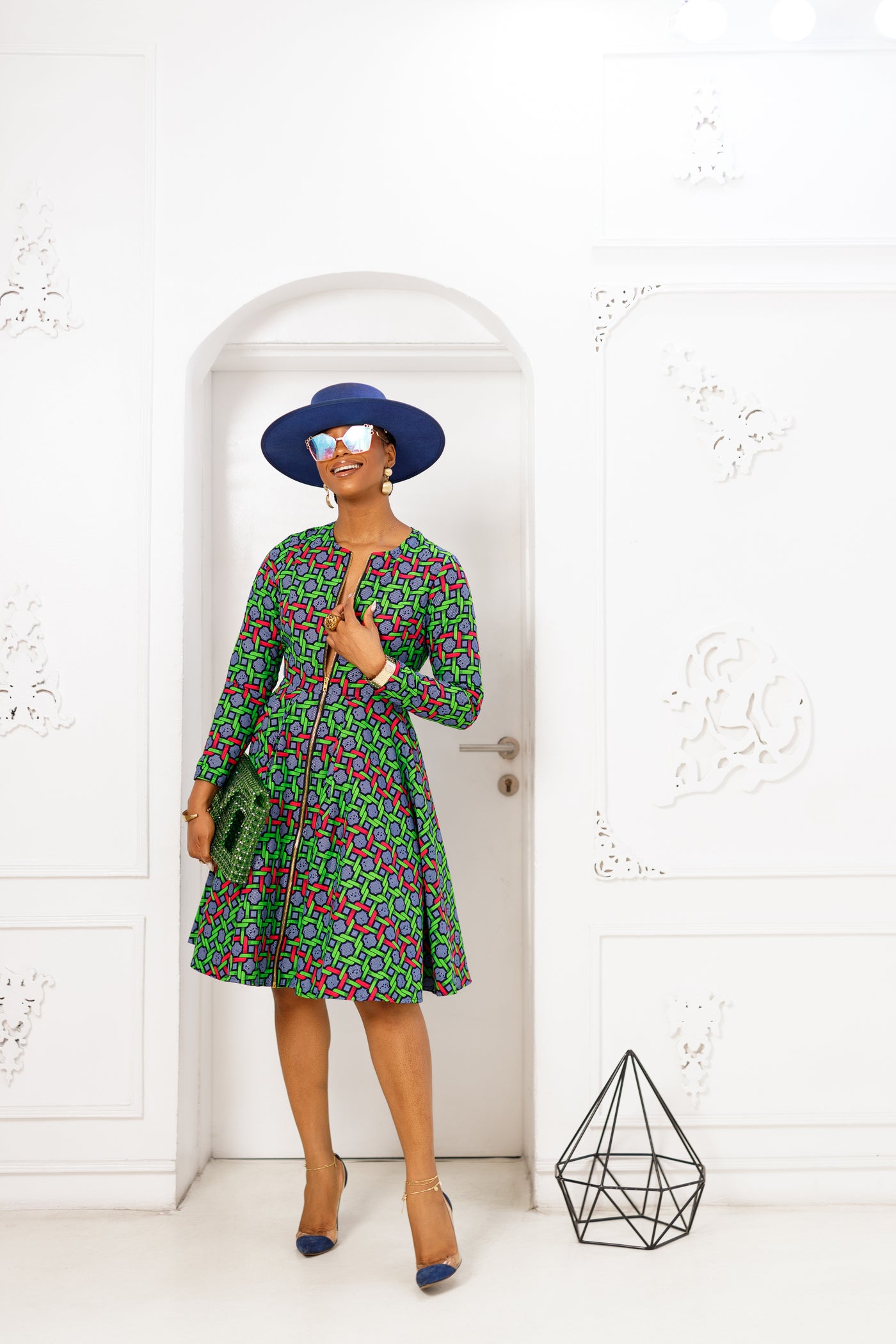 KEITA AFRICAN PRINT ZIP FRONT DRESS [GREEN]