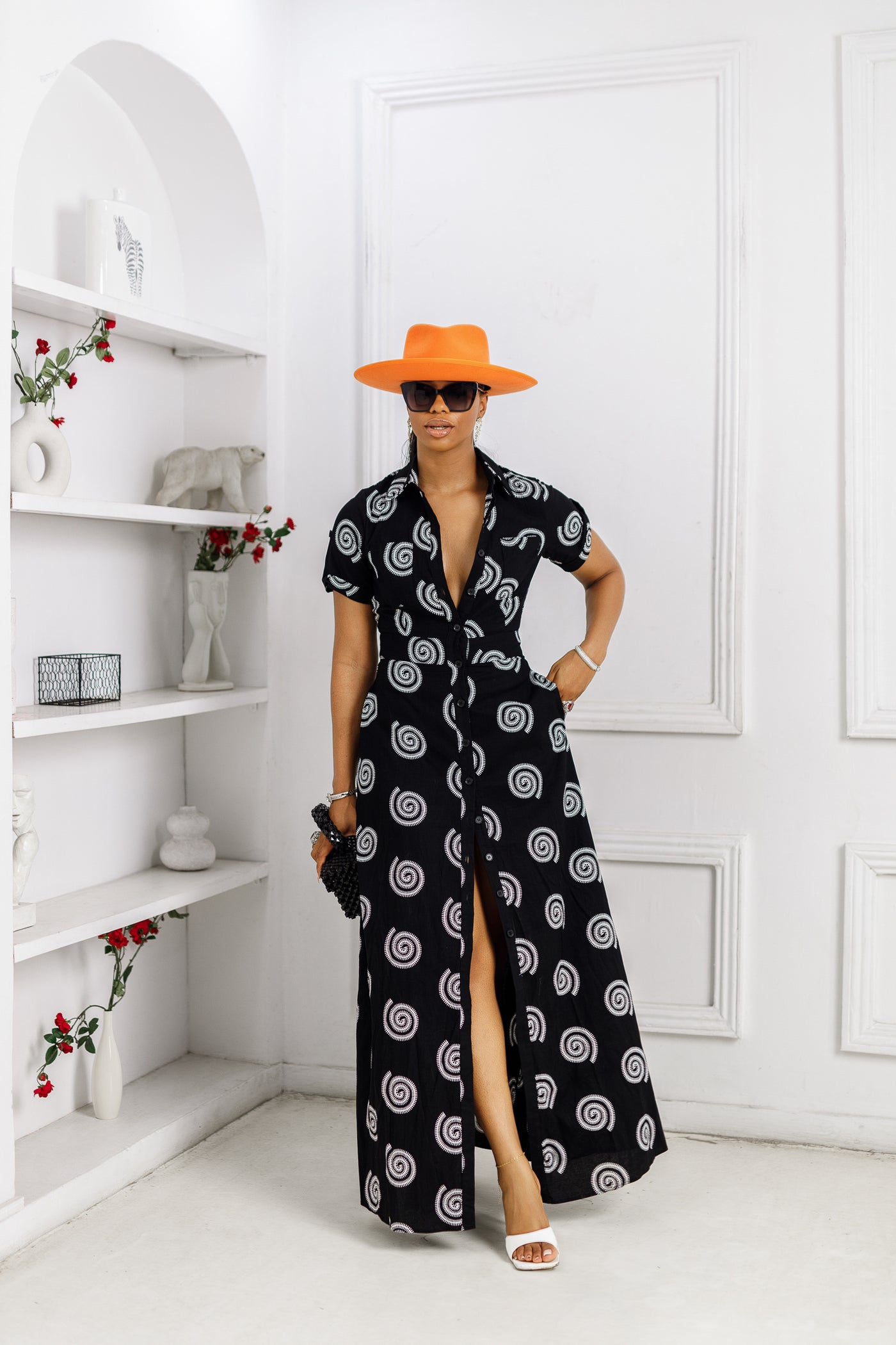 NANNY AFRICAN PRINT MAXI A-LINE SHIRT DRESS [BLACK]