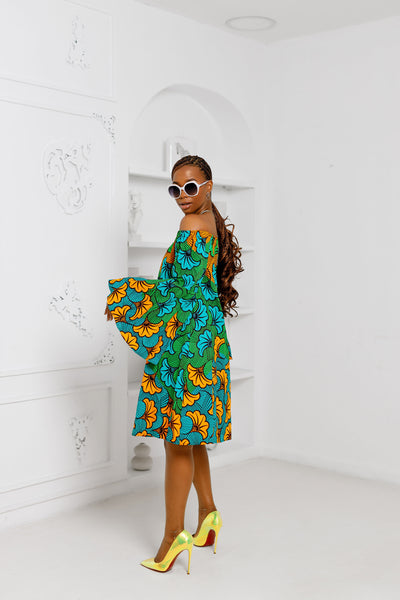 TIYE AFRICAN PRINT OFF SHOULDER DRESS [MULTICOLOR]