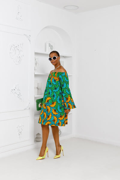 TIYE AFRICAN PRINT OFF SHOULDER DRESS [MULTICOLOR]