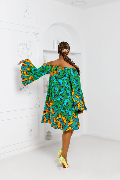 TIYE AFRICAN PRINT OFF SHOULDER DRESS [MULTICOLOR]