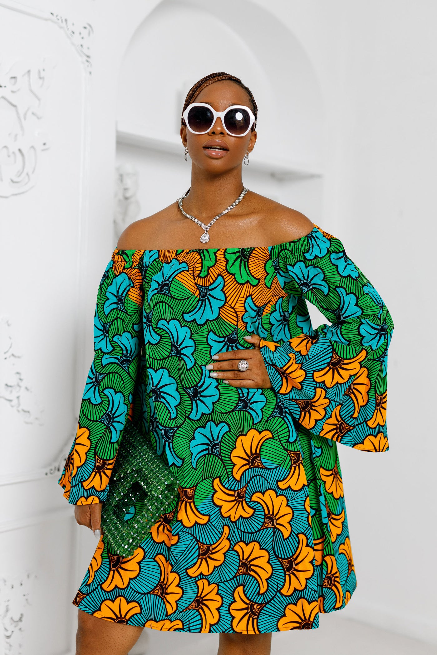 TIYE AFRICAN PRINT OFF SHOULDER DRESS [MULTICOLOR]