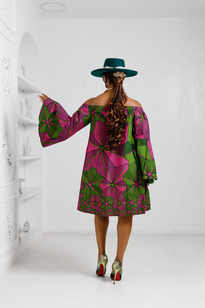 TIYE AFRICAN PRINT OFF SHOULDER DRESS [PINK n GREEN]