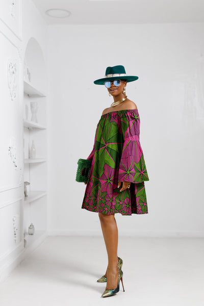 TIYE AFRICAN PRINT OFF SHOULDER DRESS [PINK n GREEN]