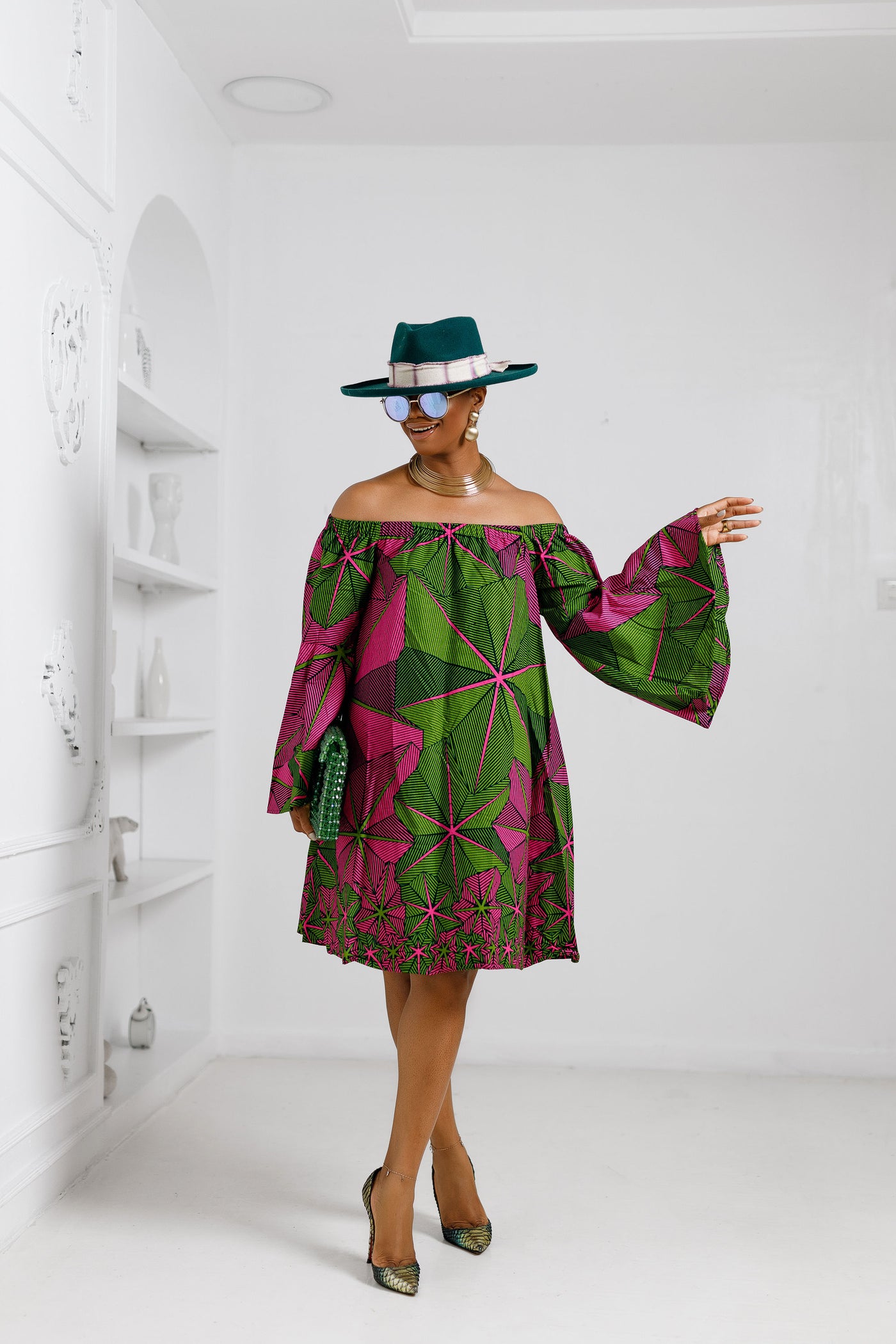 TIYE AFRICAN PRINT OFF SHOULDER DRESS [PINK n GREEN]