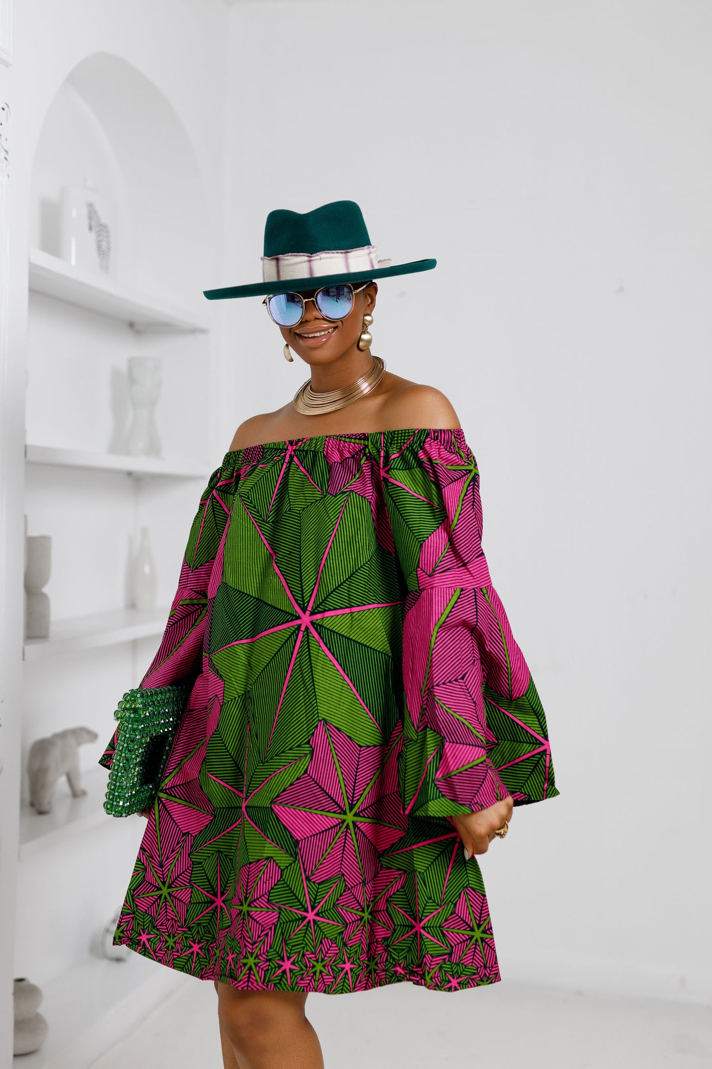 TIYE AFRICAN PRINT OFF SHOULDER DRESS [PINK n GREEN]