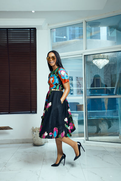 LOLADE AFRICAN PRINT FLORAL DRESS [BLACK]