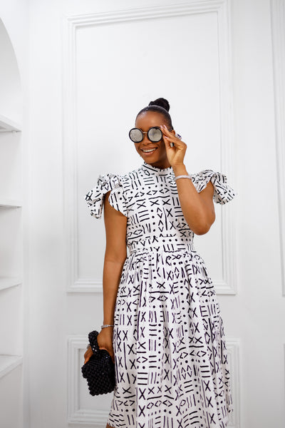 VALERIE AFRICAN PRINT HIGH NECK DRESS [WHITE]