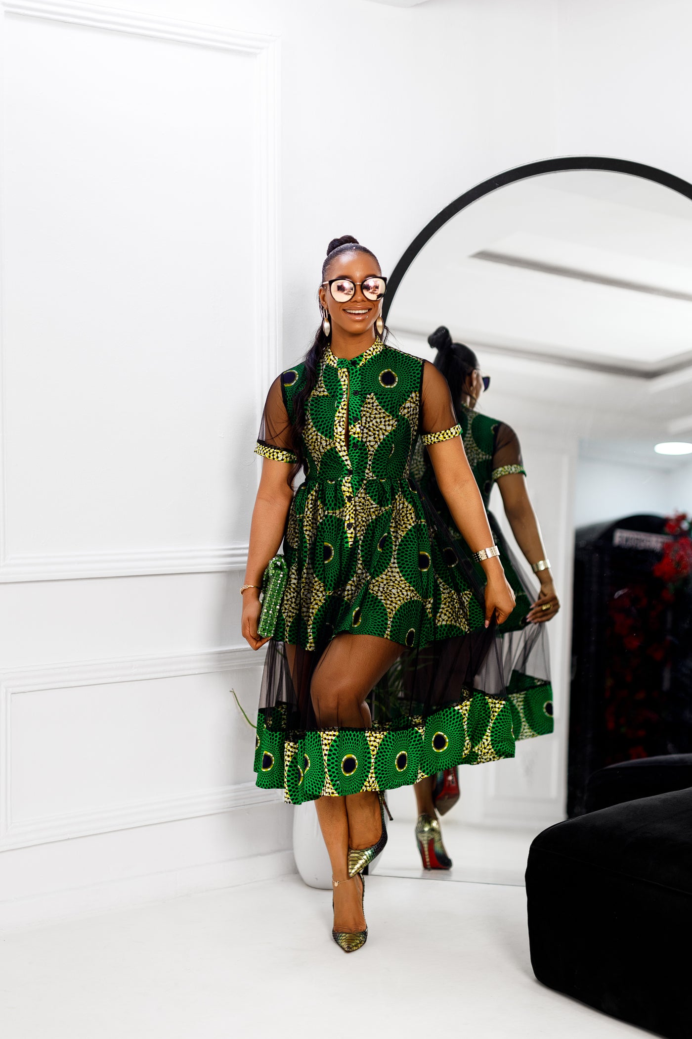 VALENTINA AFRICAN PRINT BUTTON MESH DRESS [NEW GREEN]