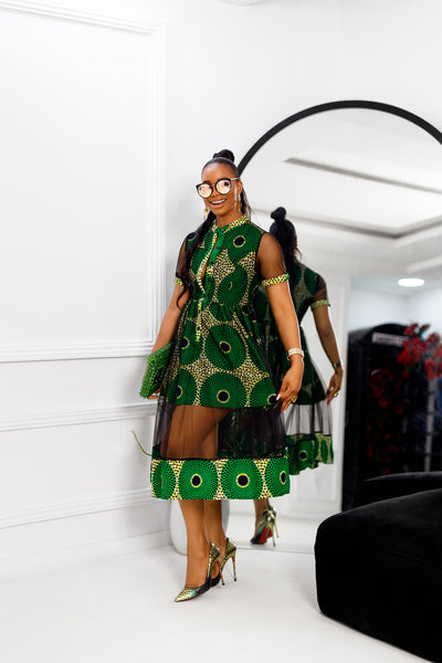 VALENTINA AFRICAN PRINT BUTTON MESH DRESS [NEW GREEN]