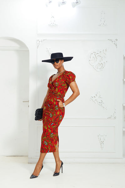 IDIA AFRICAN PRINT OFF SHOULDER MIDI DRESS [RED]