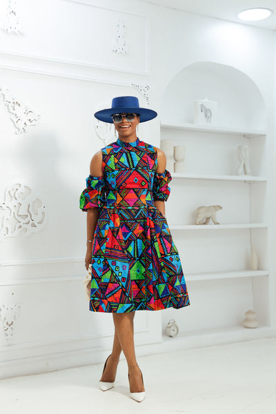 DANA AFRICAN PRINT COLD SHOULDER DRESS [MULTICOLOR]