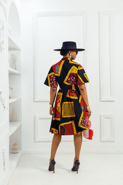 LALA AFRICAN PRINT FLARE SLEEVE BUTTON DRESS [BLACK N RED]