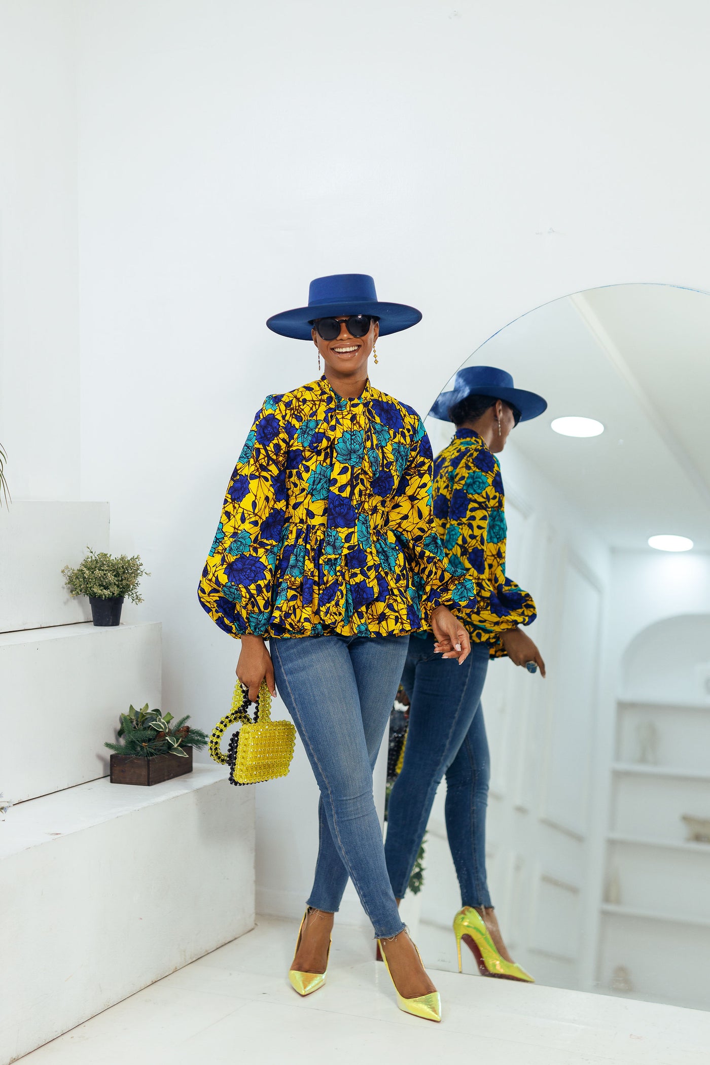 BIBI AFRICAN PRINT PUFF SLEEVE TOP [YELLOW]