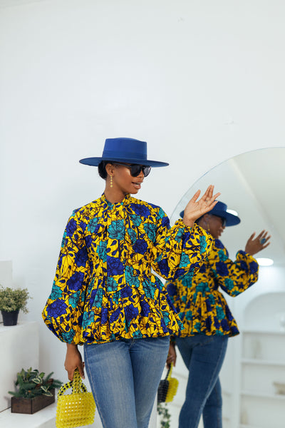 BIBI AFRICAN PRINT PUFF SLEEVE TOP [YELLOW]