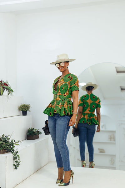 DUNNI AFRICAN PRINT FRONT ZIP PEPLUM TOP [GREEN]