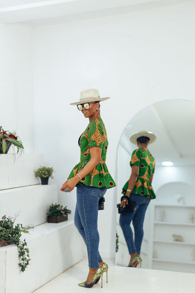 DUNNI AFRICAN PRINT FRONT ZIP PEPLUM TOP [GREEN]