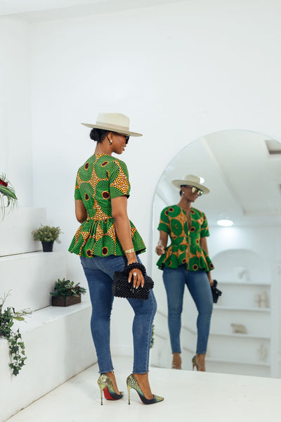 DUNNI AFRICAN PRINT FRONT ZIP PEPLUM TOP [GREEN]