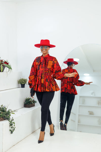 BIBI AFRICAN PRINT PUFF SLEEVE TOP [RED]