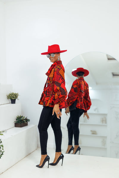 BIBI AFRICAN PRINT PUFF SLEEVE TOP [RED]