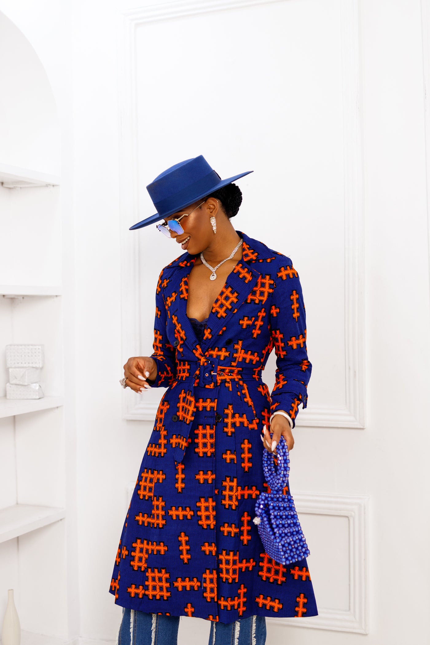 REGINA AFRICAN PRINT TRENCH JACKET [BLUE]