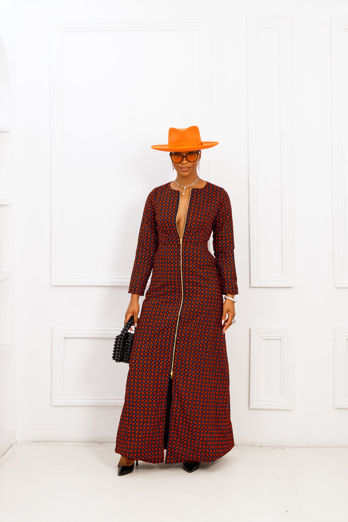 FARIDA AFRICAN PRINT LONG SLEEVE FRONT ZIP MAXI DRESS