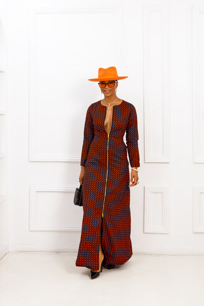 FARIDA AFRICAN PRINT LONG SLEEVE FRONT ZIP MAXI DRESS