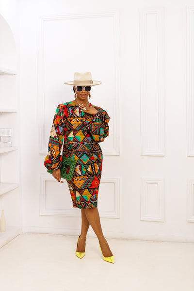 ZORA AFRICAN PRINT BALLOON SLEEVE DRESS [TRIBAL]