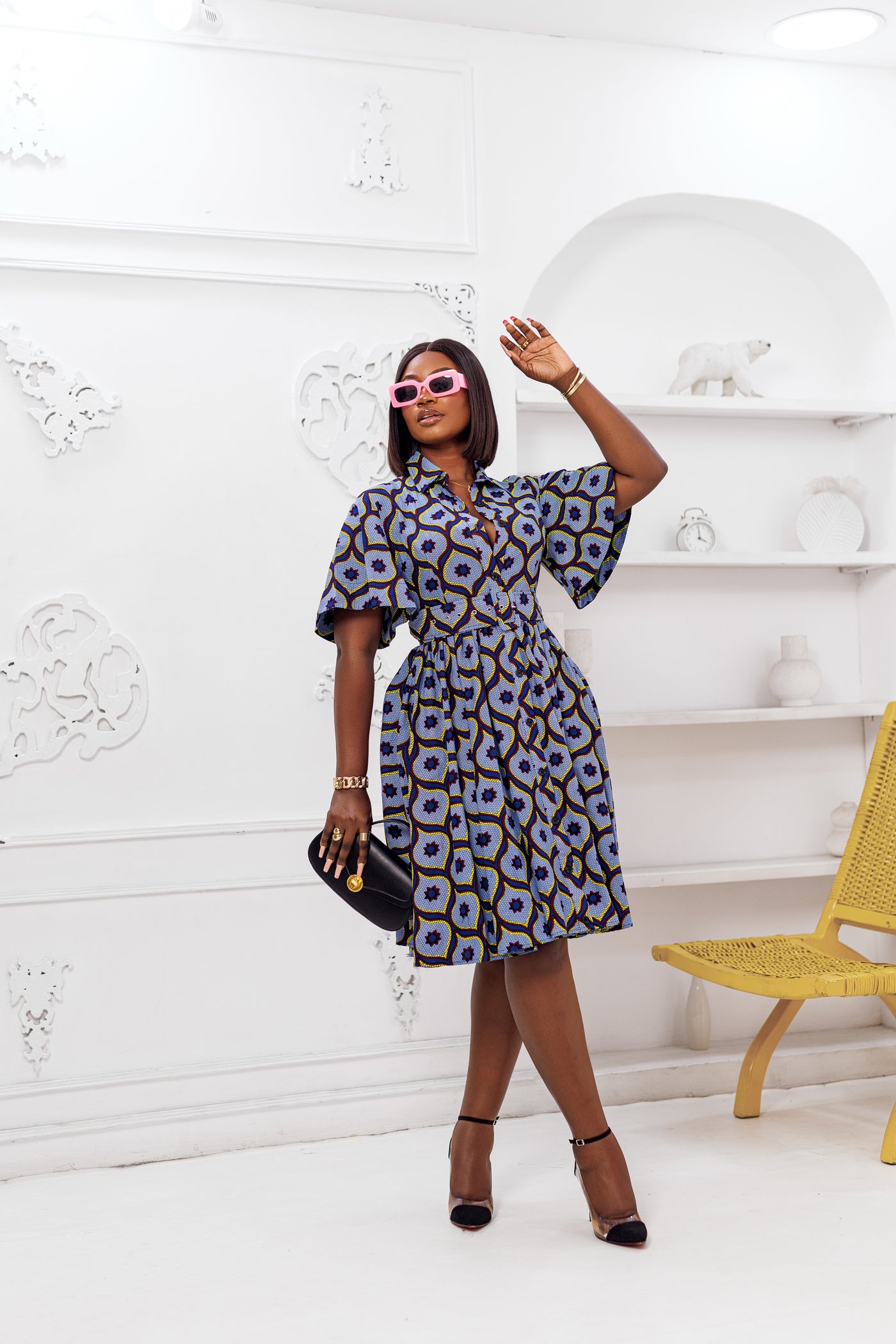 LALA AFRICAN PRINT FLARE SLEEVE BUTTON DRESS