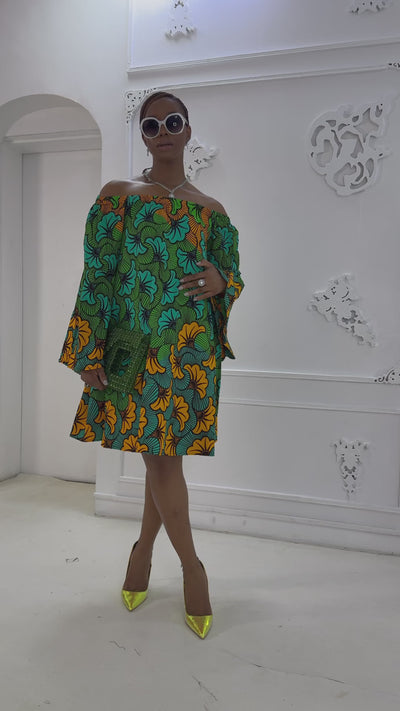 TIYE AFRICAN PRINT OFF SHOULDER DRESS [MULTICOLOR]