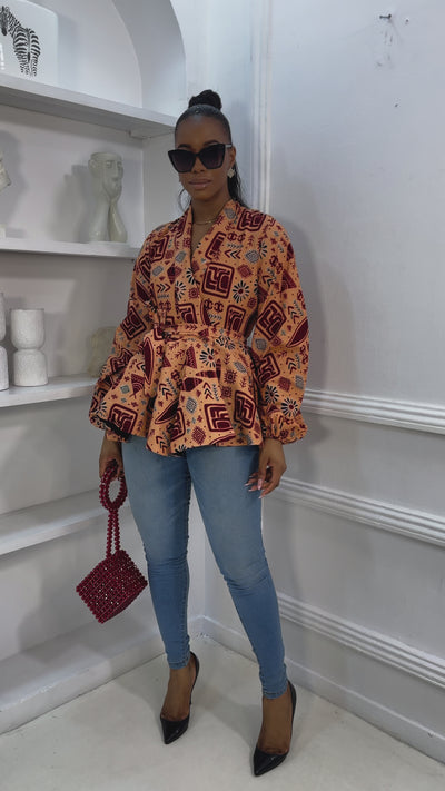 EKO AFRICAN PRINT WRAP PUFF SLEEVE TOP