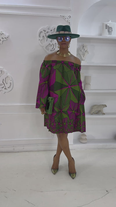 TIYE AFRICAN PRINT OFF SHOULDER DRESS [PINK n GREEN]