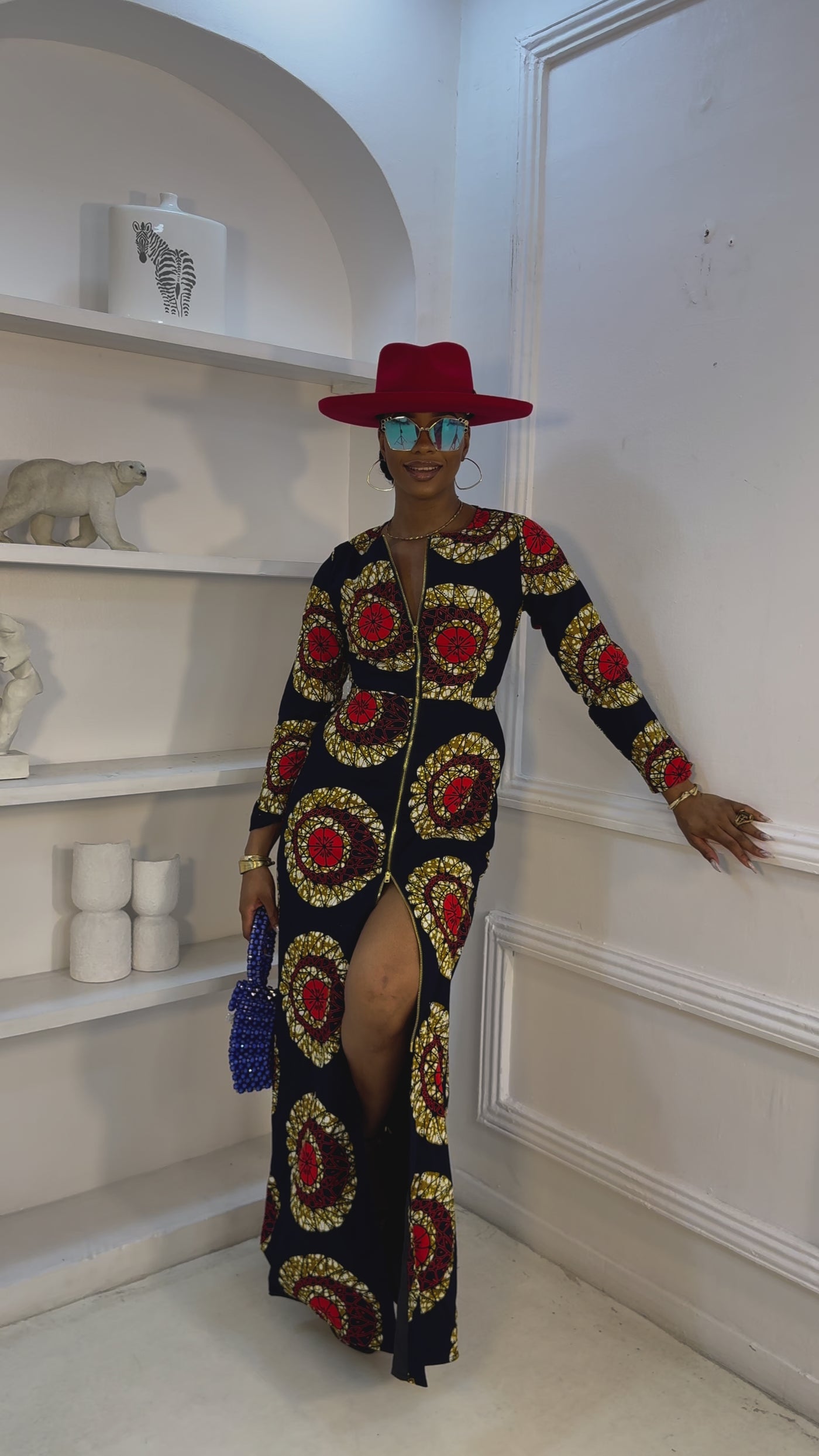 FARIDA AFRICAN PRINT LONG SLEEVE FRONT ZIP MAXI DRESS [RED]