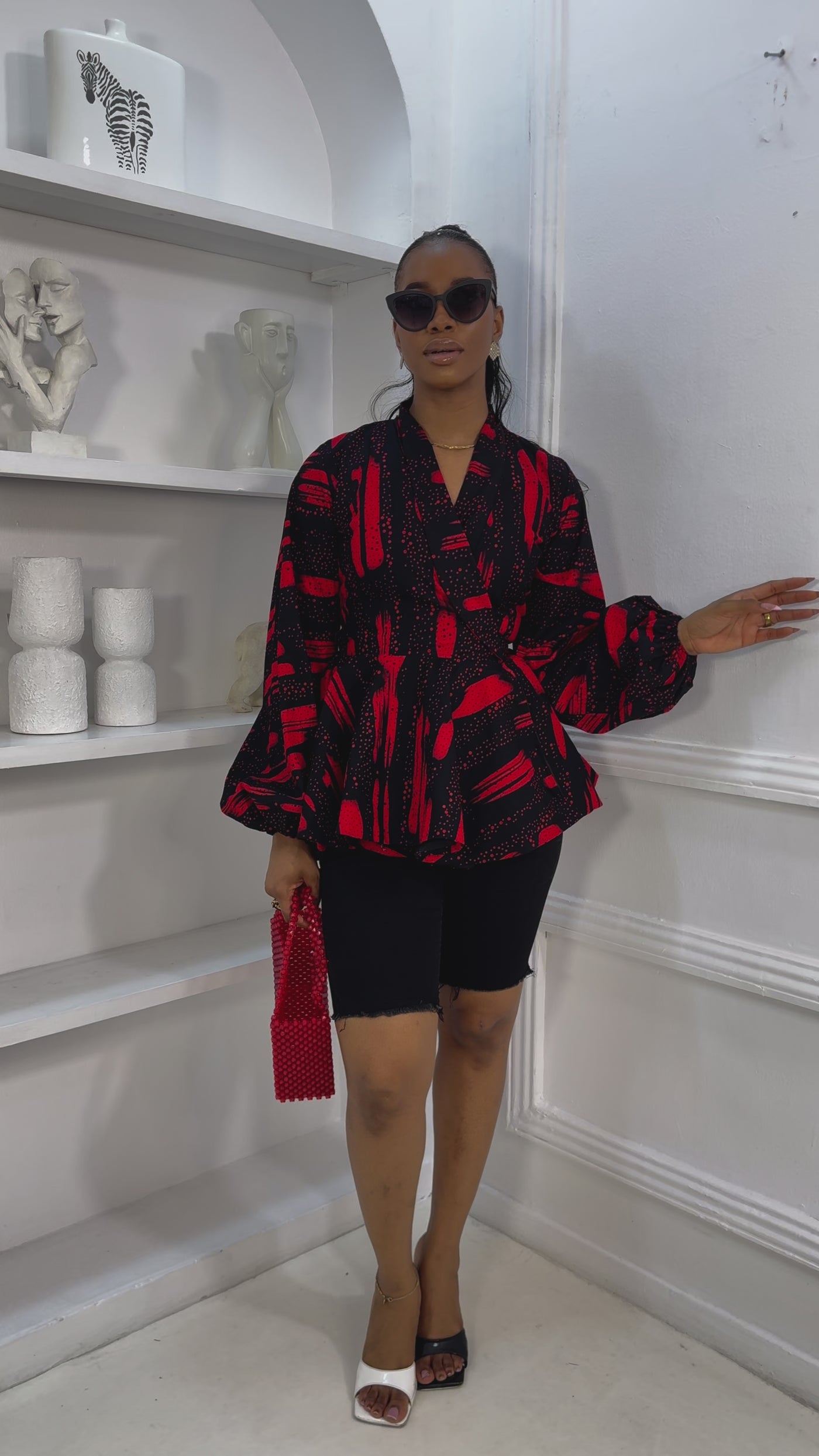 EKO AFRICAN PRINT WRAP PUFF SLEEVE TOP [RED]