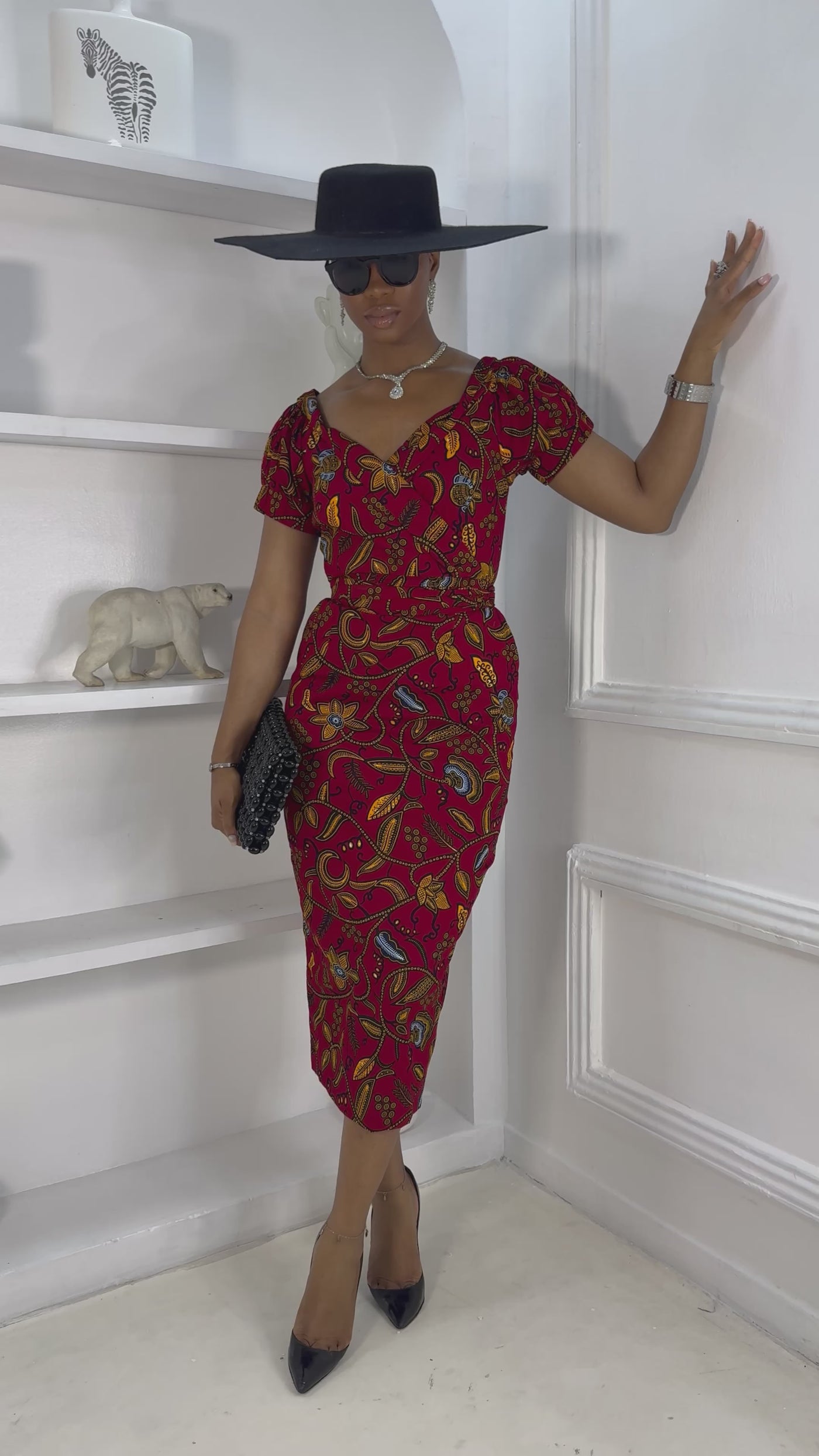 IDIA AFRICAN PRINT OFF SHOULDER MIDI DRESS [RED]