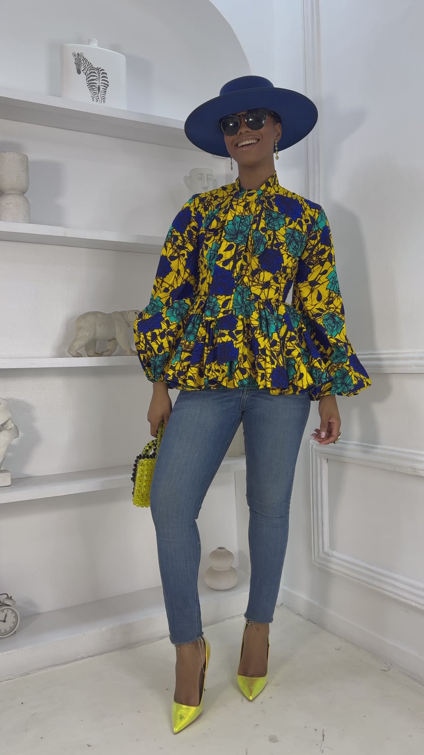 BIBI AFRICAN PRINT PUFF SLEEVE TOP [YELLOW]