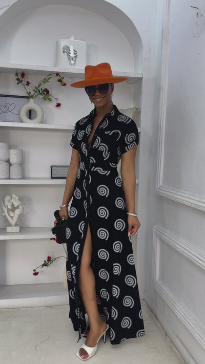 NANNY AFRICAN PRINT MAXI A-LINE SHIRT DRESS [BLACK]