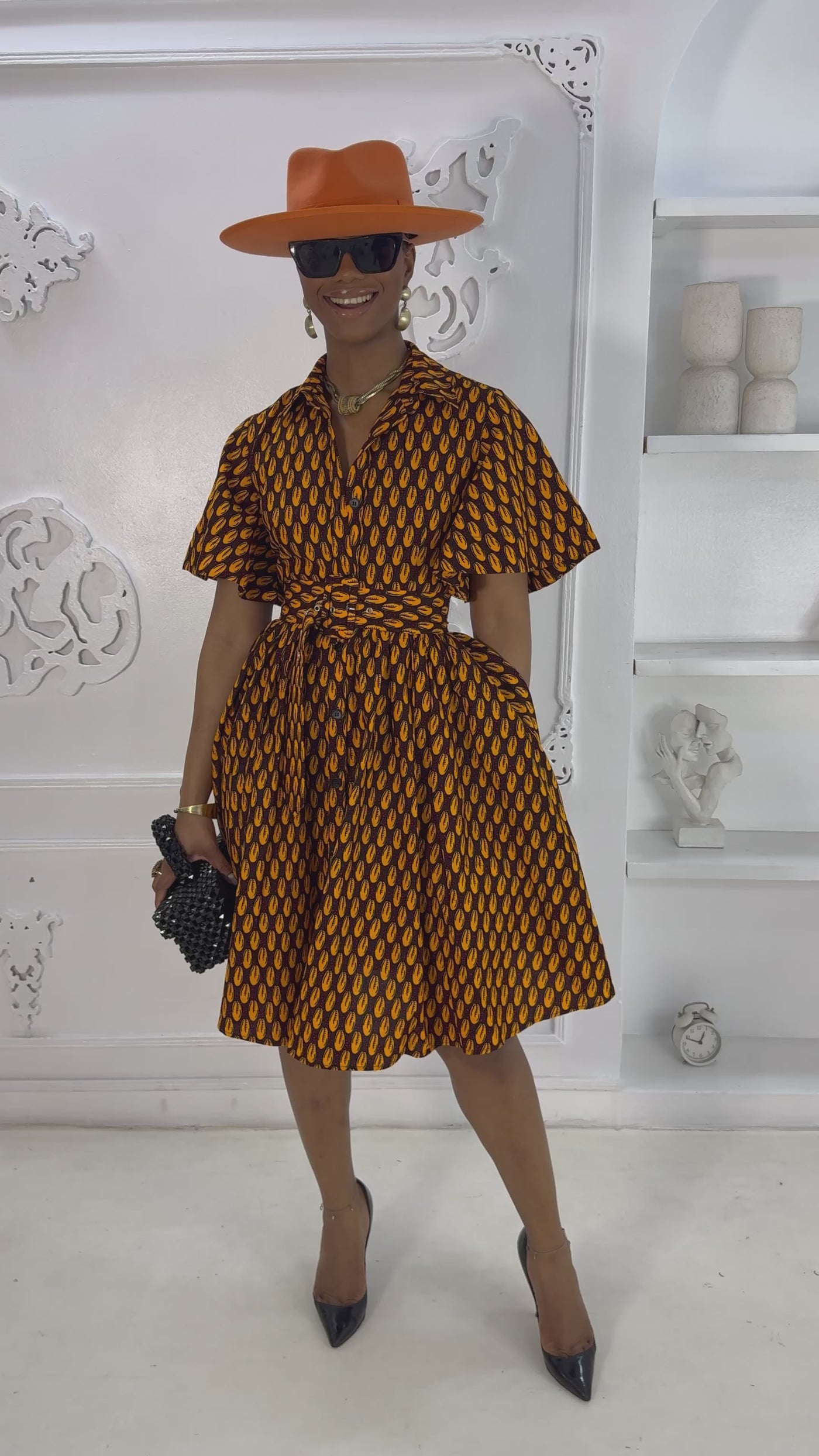 LALA AFRICAN PRINT FLARE SLEEVE BUTTON DRESS