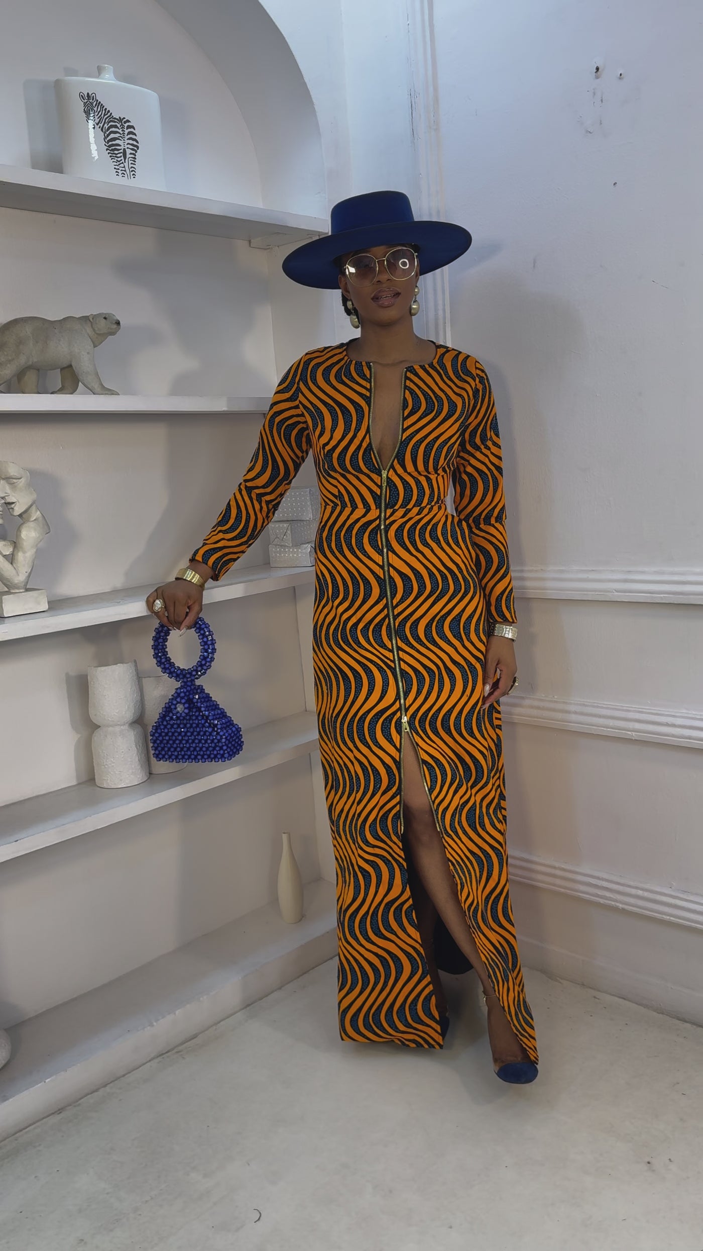 FARIDA AFRICAN PRINT LONG SLEEVE FRONT ZIP MAXI DRESS [ORANGE]