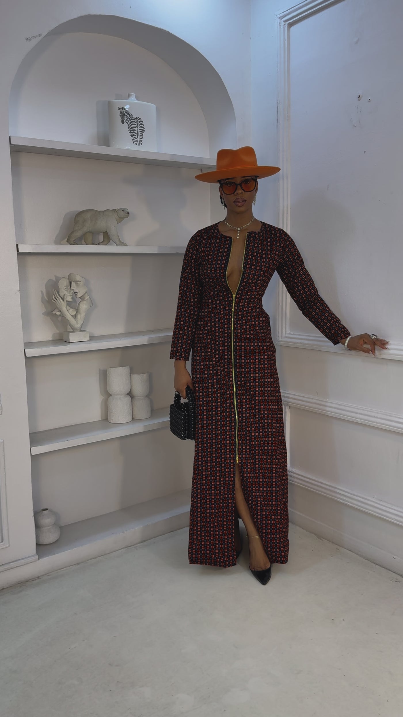 FARIDA AFRICAN PRINT LONG SLEEVE FRONT ZIP MAXI DRESS