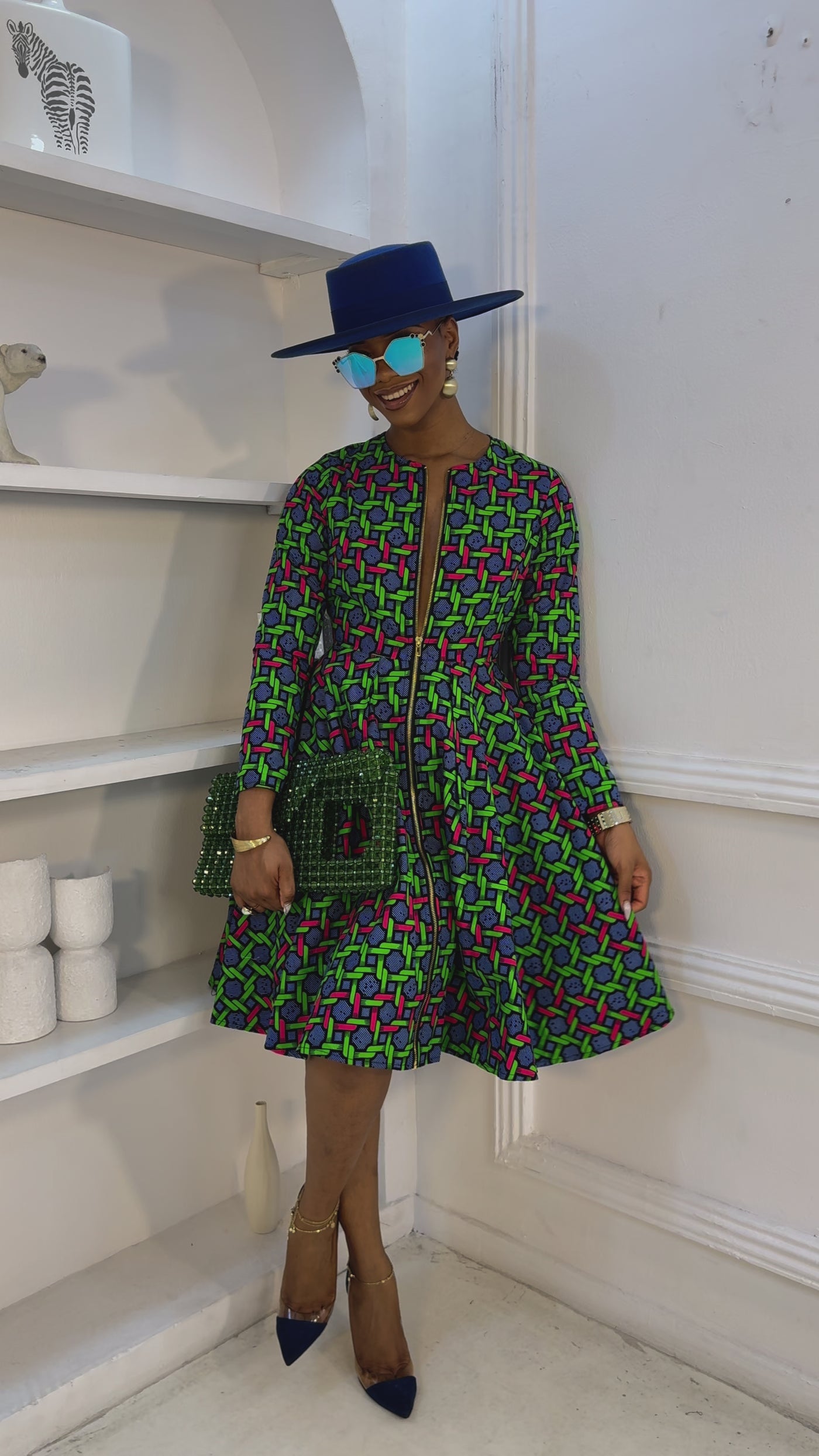 KEITA AFRICAN PRINT ZIP FRONT DRESS [GREEN]